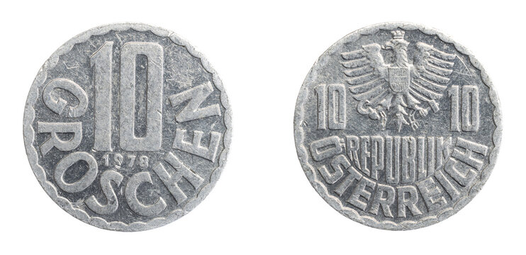 austrian  ten groschen coin on a white isolated background