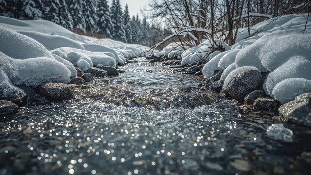 A flowing stream surrounded by snow-covered rocks and trees in a winter landscape. - Powered by Adobe