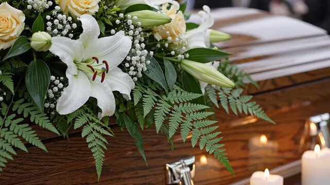 Floral arrangement on wooden casket with white lilies and roses