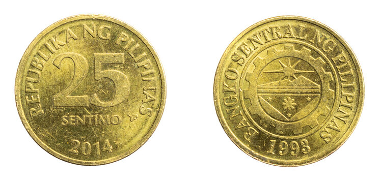 Philippines twenty five sentimo coin on white isolated background
