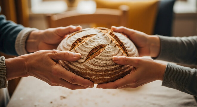 Hands passing bread loaf, capturing warm moment with close-up view. Hands gently exchanging freshly baked bread loaf in bright light.