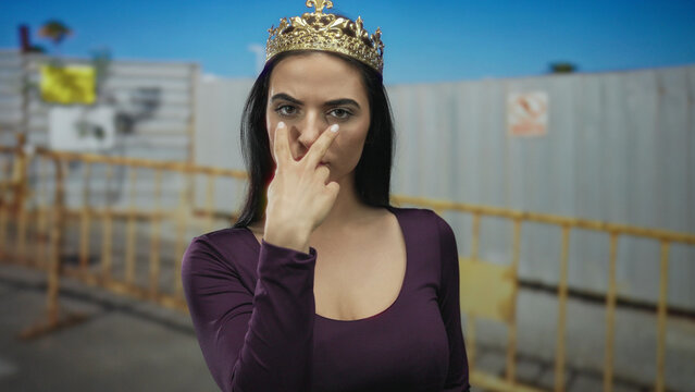 Hispanic woman wearing crown makes watchful gesture at construction site with serious expression, suggesting vigilance and authority in outdoor setting.