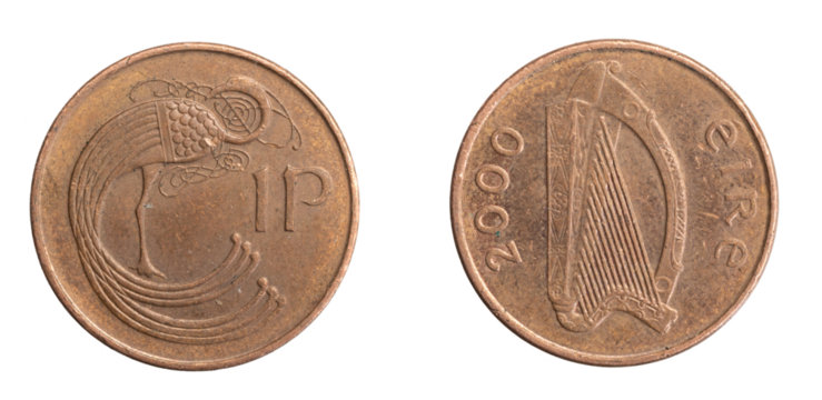 Ireland one penny coin on a white isolated background