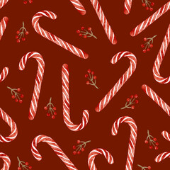 Candy cane and berry Christmas winter holiday festive pattern on red background.