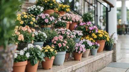 Cluster of potted flowers on steps with blooming yellow, white, pink, and purple blossoms. Gardening, floral display, and outdoor decor. The concept of spring or garden aesthetics.