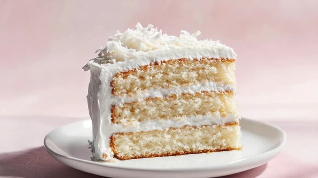 A single slice of cake on a white plate, ready to be served or enjoyed