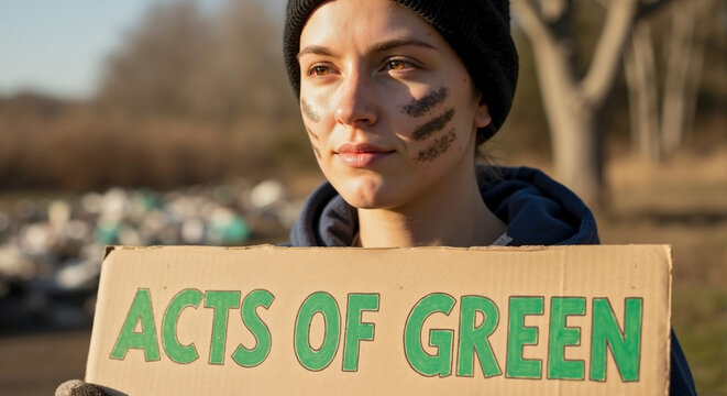 Female volunteer showing Acts of Green poster, acts of green are displayed on sign. Showing acts of green for promoting environmental volunteerism in community.