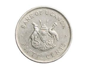 Uganda fifty cents coin on a white isolated background