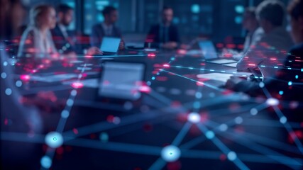 Business team collaborating around digital network table representing modern communication, data sharing and futuristic teamwork