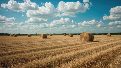 Fototapeta premium Open field of hay bales with a sky full of clouds. Agriculture and rural landscape, concept. Farming and harvest. The scene of haystacks in a farmland.