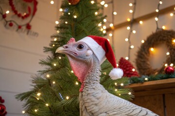 Portrait of a turkey wearing a santa hat in christmas celebrations 