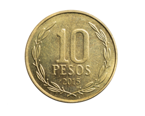 Chile ten pesos coin on a white isolated background