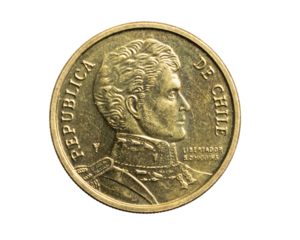 Chile ten pesos coin on a white isolated background