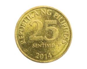 Philippines twenty five sentimo coin on white isolated background