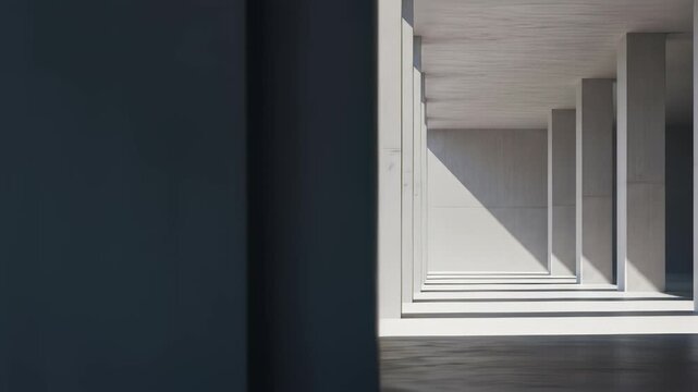 Modern concrete corridor with rhythmic columns and sharp shadows