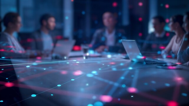 Corporate team discussing strategy with digital network overlay symbolizing innovation, data-driven decisions and futuristic business planning