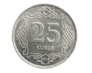 Turkey twenty five kurus coin on a white isolated background