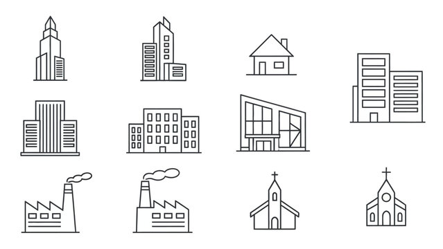 Collection of architectural building line icons. Vector set of urban and residential property symbols like skyscrapers and churches