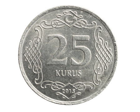 Turkey twenty five kurus coin on a white isolated background
