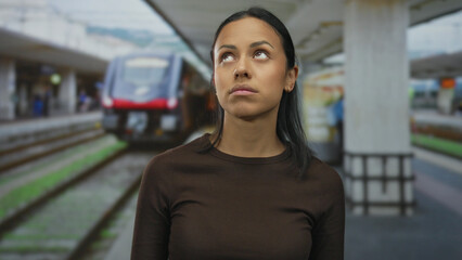 Young woman at a busy train station looking contemplative while standing on a railway platform, with a train approaching in the background.