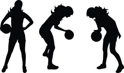 Basketball girl silhouettes, female athlete dribbling poses, sports training illustration, dynamic movement artwork, women playing basketball graphic collection