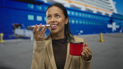 Young woman speaking on smartphone while holding a mug at a seaside port with a large boat in the background, showcasing a relaxed and joyful outdoor scene.