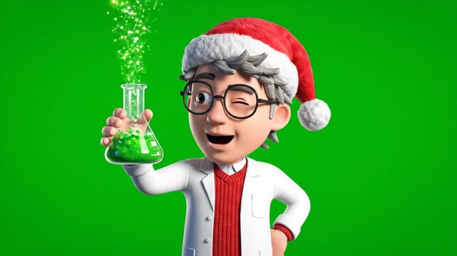 Festive Scientist with Green Potion - A cartoon scientist wearing a Santa hat holds up a flask of bubbling green liquid, some of which floats upwards.