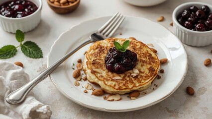 Pancakes topped with cherry jam and mint, served on a white plate with almond slices, surrounded by bowls of cherries and nuts.