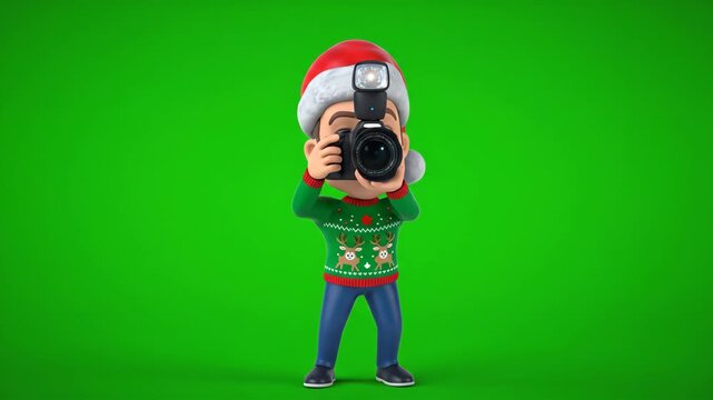 Christmas Photographer on Green Screen - A cheerful cartoon man wearing a Santa hat and Christmas sweater is holding a professional camera.