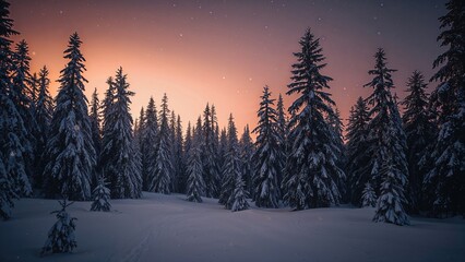 Snow-covered trees in a forest under a starry sky at dusk. Winter landscape with tall conifers and a glowing horizon. Cold and serene natural environment.