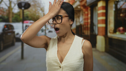 Fototapeta premium Young woman in glasses outdoors on city street expressing surprise with open mouth and hand on forehead in urban setting with cars.