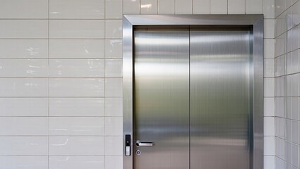 Close-up of a modern stainless steel door in interior with glossy white tiles, handle, and control panel, highlighting contemporary architecture, interior finishing, and minimalist design