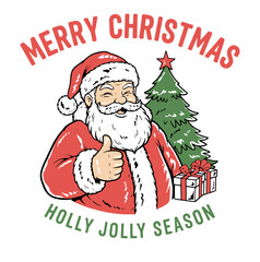 Retro cartoon Santa Claus giving thumbs up with Christmas tree and gifts. Vintage hand drawn vector illustration for holiday season greeting card.