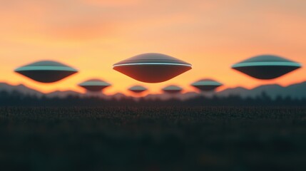 Futuristic UFOs Hovering Above Ground at Sunset Scene