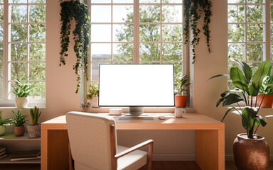 Computer Monitor Screen Mockup Front View in Modern Home Office with Large Windows and Plants – Natural Bright Workspace