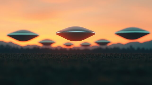 Futuristic UFOs Hovering Above Ground at Sunset Scene