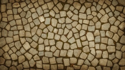 A cobblestone pavement with irregular stone shapes and patterns.