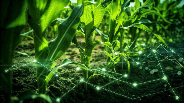 Green agricultural plants enhanced with digital sensor network symbolizing smart farming, sustainable agriculture and precision technology