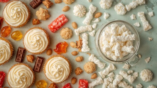 Assorted sweets and candies including cupcakes, chocolates, marshmallows, and gummies arranged on a surface. - Powered by Adobe
