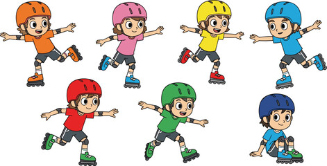 Roller skating kids, cartoon children, safety gear, helmets, colorful outfits, active play, fun movement, flat vector illustration