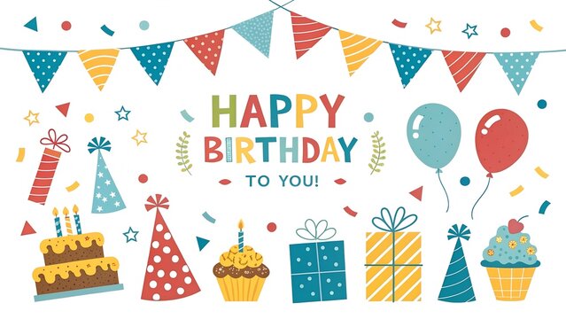 Colorful hand drawn birthday party elements with cake balloons and gifts