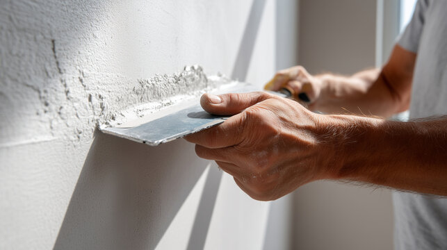 Worker applying joint compound to drywall seams. A professional uses a wide taping knife to smooth joint compound across taped seams. The texture of the compound and sunlight on th