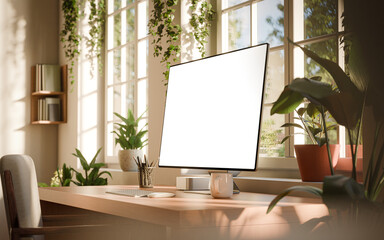 Computer Monitor Screen Mockup on Wooden Desk – Right Side Perspective – Bright Home Office with Plants and Natural Light