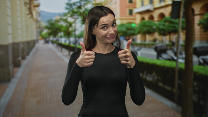 Fototapeta premium Woman points fingers and flashes thumbs up with open palms while smiling on a pedestrian city street lined with trees and buildings; playful approval.