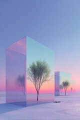 Surreal Landscape with Mirrored Cubes and Trees at Sunset.