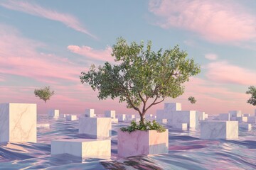 Surreal Landscape with Trees on Cubes and Dreamy Sky.