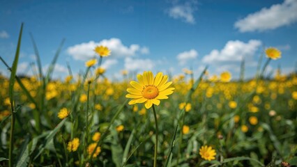Obraz premium Bright yellow flowers blooming in a field under a blue sky with scattered clouds.