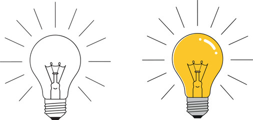 A brightly shining yellow light bulb illustration with radiating lines suggesting brilliance and innovation high quality