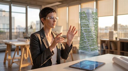 Architect Using AR to Visualize Futuristic Eco-Friendly Skyscraper Design.