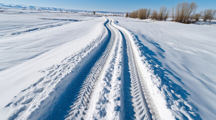 Photo of agricultural tyre track on the pure snow
